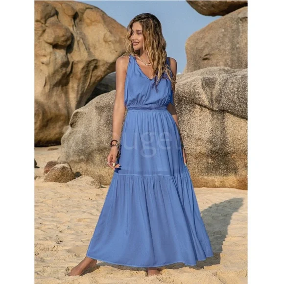 Blue Maxi Dress V-Neck Flared Flowy Tie Straps Embroidered Trim - Picture 3 of 7